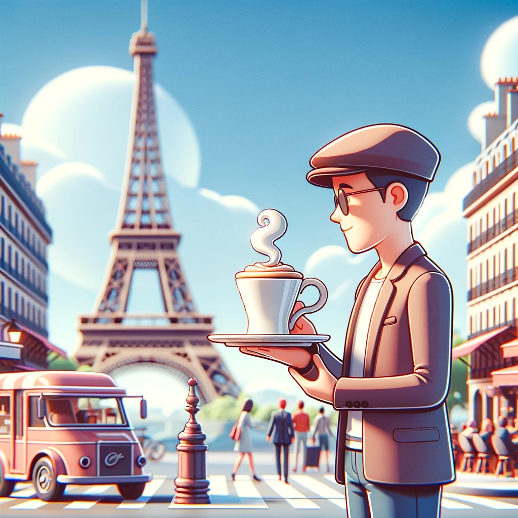blurred image of person drinking coffee in front of the Eiffel Tower