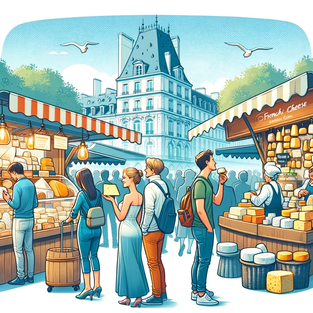 People shopping in a cheese market in France