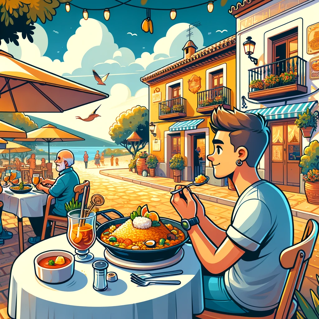 A picture of someone eating paella in a mediterranean town